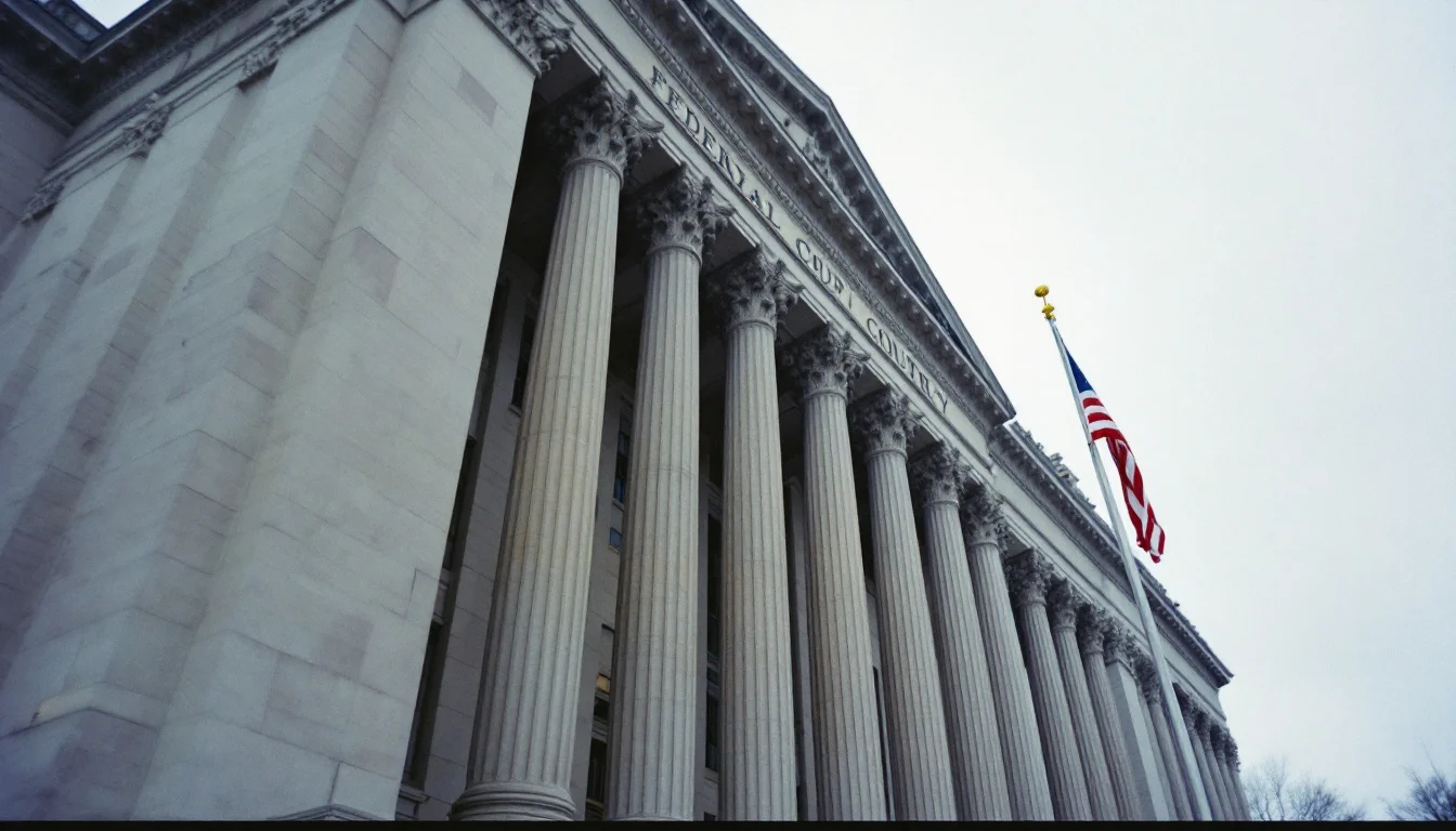 A federal courthouse with columns and an American flag