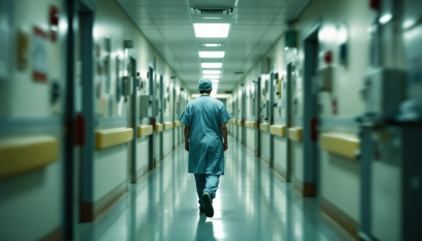 A healthcare worker walking down a hospital hallway