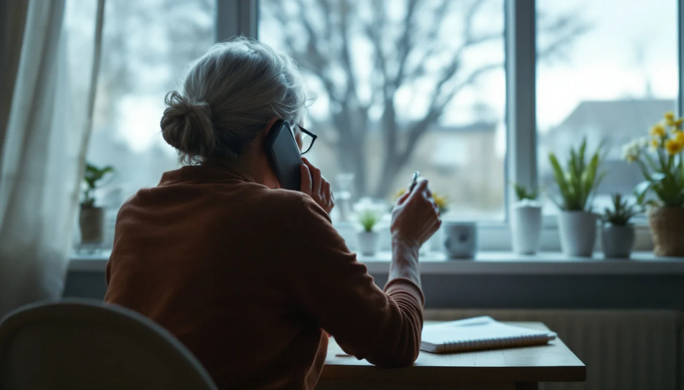 A woman making a phone call at a kitchen table