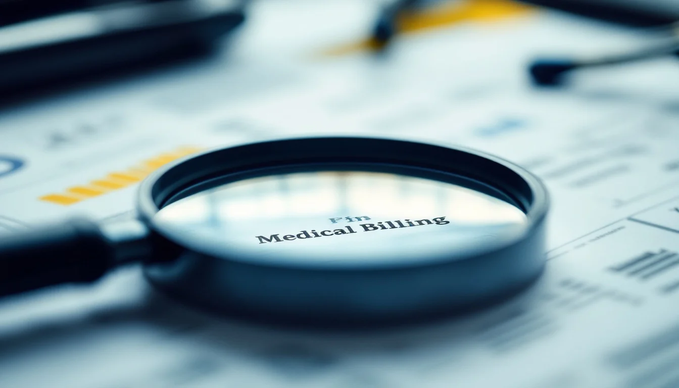 A magnifying glass over medical billing paperwork