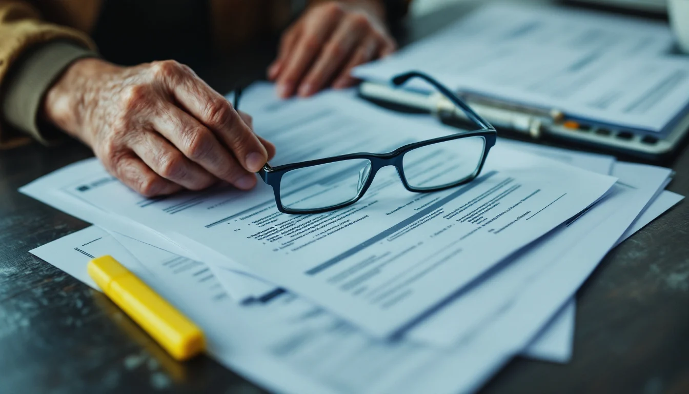 Hands holding reading glasses over a stack of medical billing statements