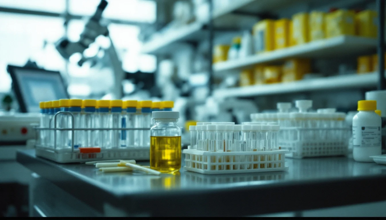 Racks of test swabs and sample tubes on a laboratory bench
