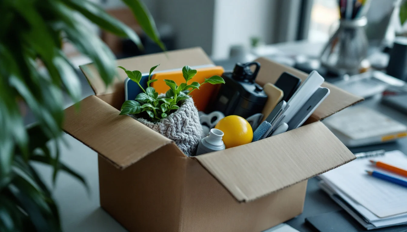 Personal items packed in a cardboard box on an office desk