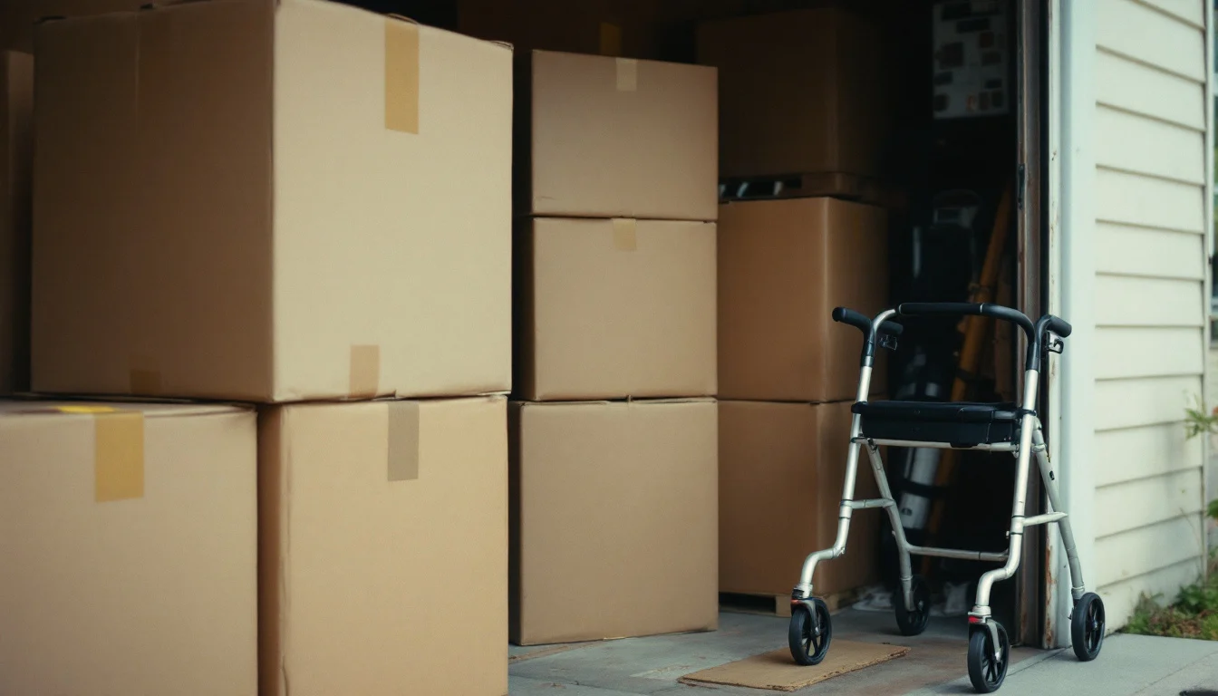 Shipping boxes and an unused walker stacked in a garage