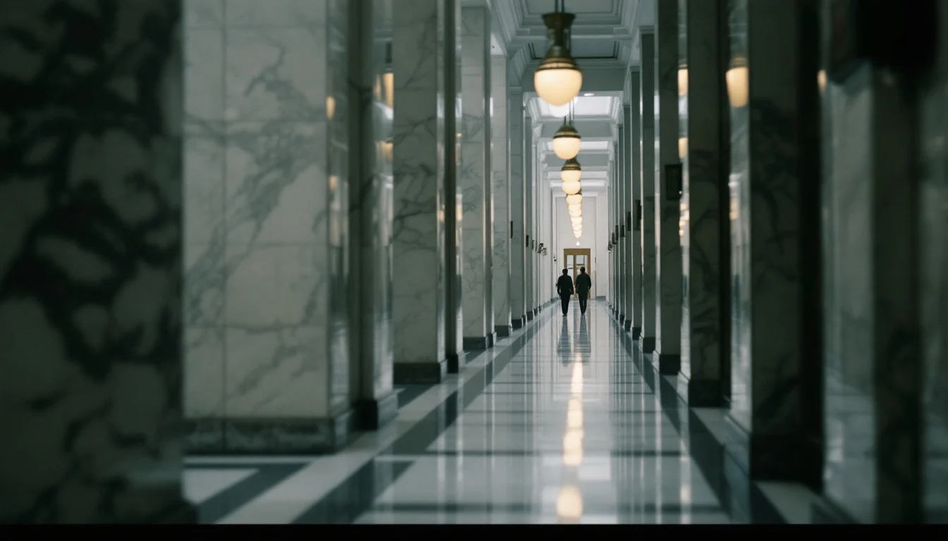 A marble hallway inside a federal courthouse